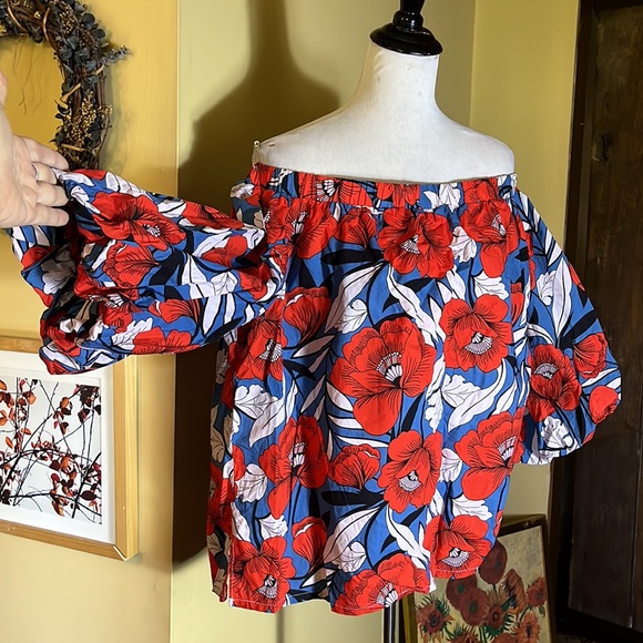Vtg HILO HATTIE Size XXL Hawaiian On/Off Shoulder Top Balloon Sleeve Vibrant - Picture 3 of 13